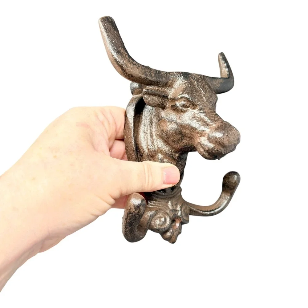 Cast Iron Bull Double Wall Hook Western Ranch Farmhouse Decor